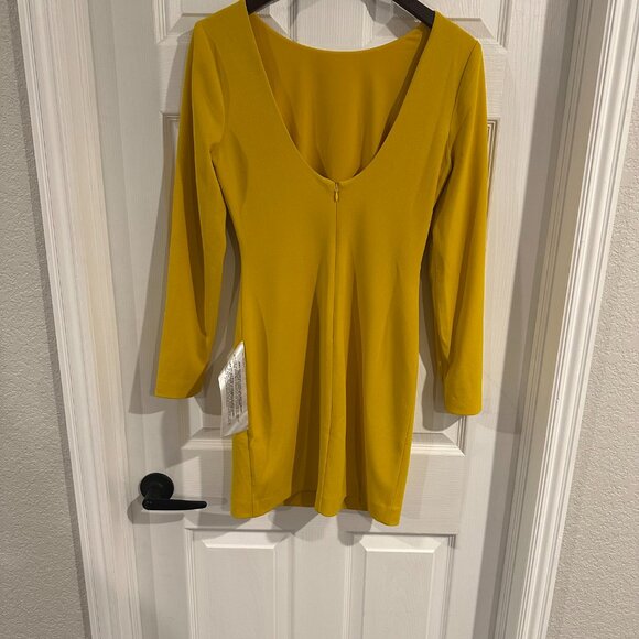Dress the Population Yellow Long Sleeve Knee Length High Neck Bodycon Dress - Picture 3 of 4